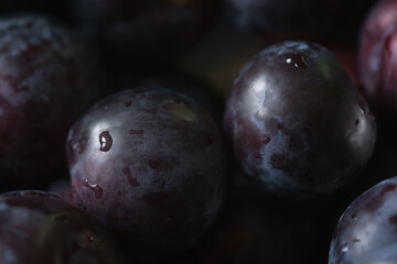 closeup of freshly washed big plums in a steel bowl