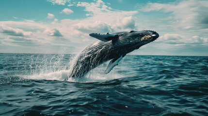 Fototapeta premium Whale Breaching the Ocean Surface: Stunning Marine Wildlife Photography for Nature, Conservation, and Travel Themes