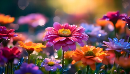 macro shot of colorful garden flowers with sparkling dew drops, morning freshness and vibrant colors, perfect for spring and summer themes