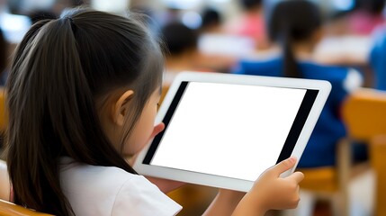 A young Asian girl focused on using a tablet during a classroom setting, illustrating modern learning methods with digital technology.