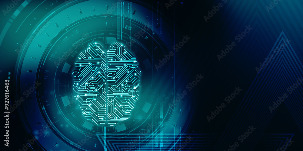 Poster 2d illustration concept of thinking, background with brain, abstract artificial intelligence. techno