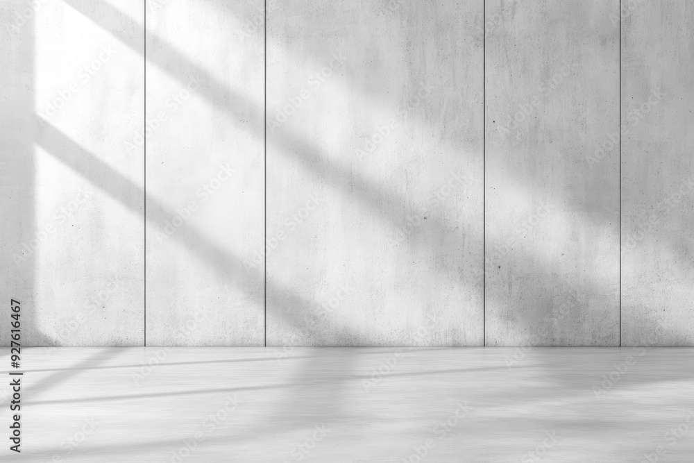 Poster minimalist concrete space, stark concrete walls and floor bathed in soft light, shadows creating dep