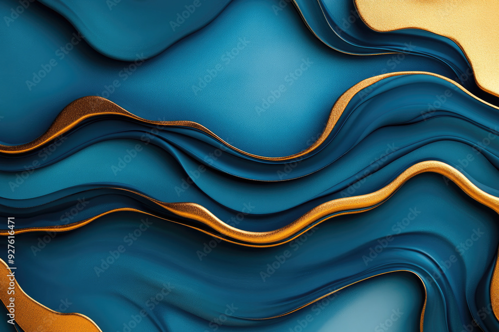 Poster fluid waves of teal and gold, a dynamic interplay of smooth curved forms in rich teal accented with 