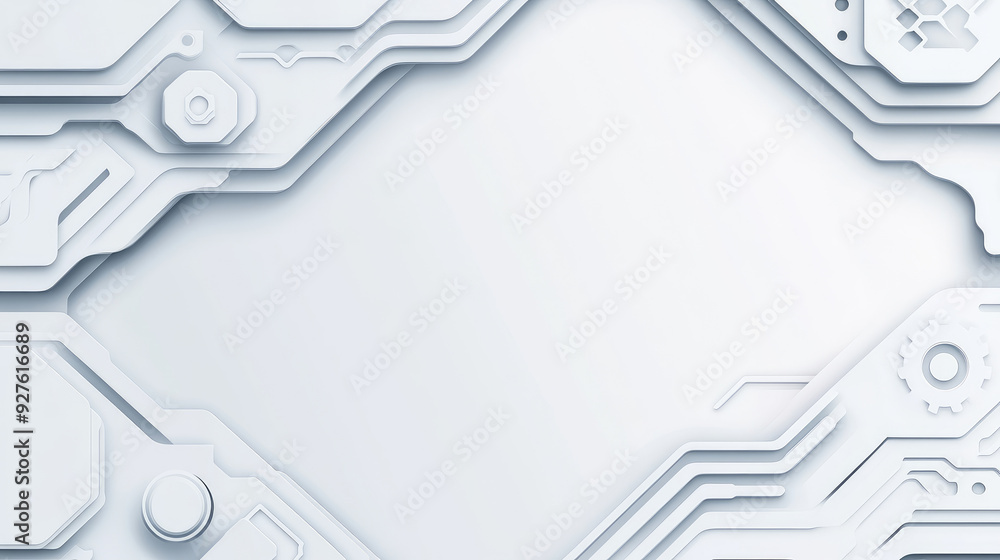 Poster futuristic circuitry design, a sleek white backdrop featuring intricate, layered circuit patterns, s