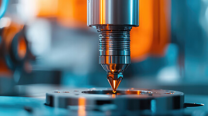 Close-up of a precision nozzle on a machine, showcasing advanced technology and manufacturing processes in a vibrant environment.