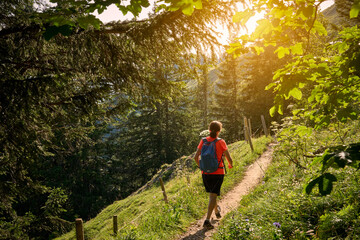 pretty senior woman hiking in warm dawn sunlight and enjoying the spectacular view over the Allgau alps on the Nagelfluh mountain chain near Oberstaufen, Bavaria, Germany