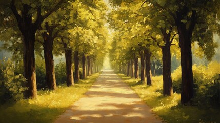 Naklejka premium beautiful oil painting featuring a tree-lined avenue surrounding a forest path