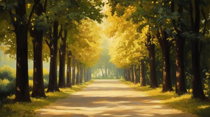 Naklejka premium beautiful oil painting featuring a tree-lined avenue surrounding a forest path