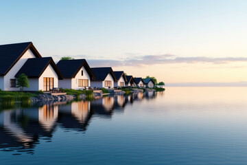 Fototapeta premium Tranquil lakeside residences reflecting in calm waters at dawn, charming white cottages nestled amidst lush greenery, creating a serene and picturesque escape.