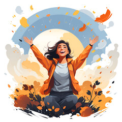Illustration of a happy girl around whom autumn yellow leaves are flying