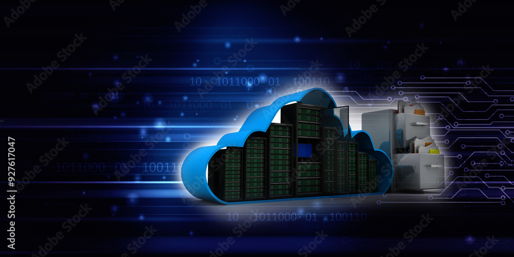 Poster 3d illustration data center server data sharing folder