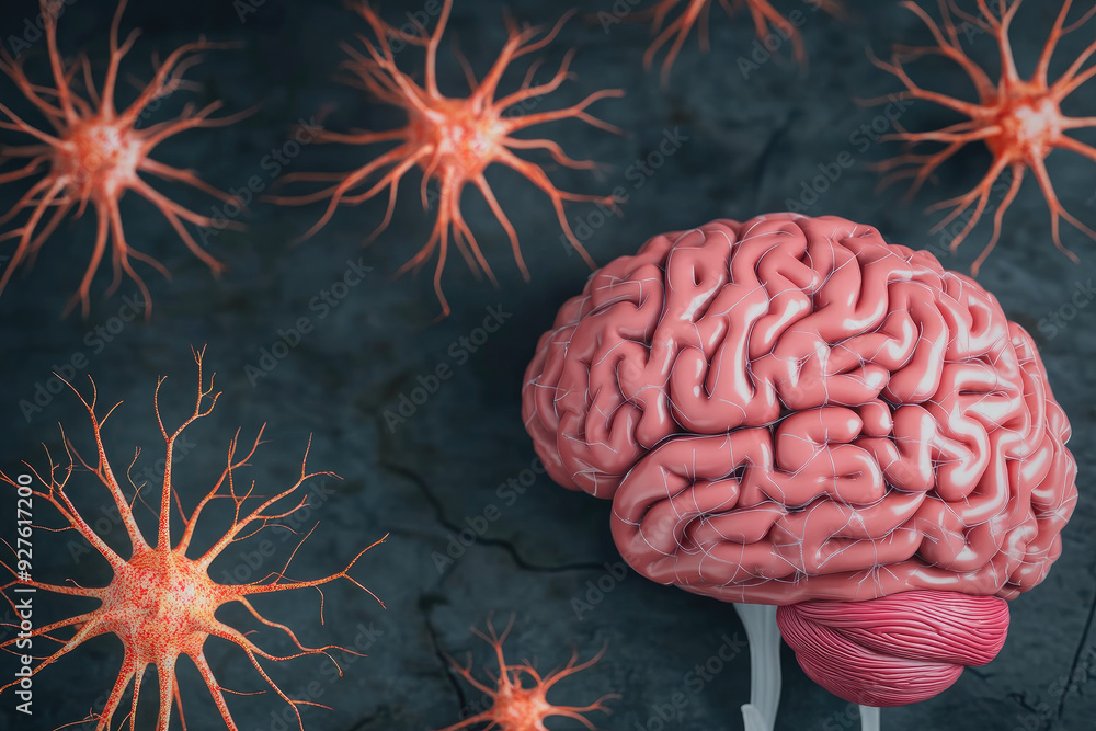 Poster human brain and neurons, vibrant representation of neural connections, symbolizing cognitive process