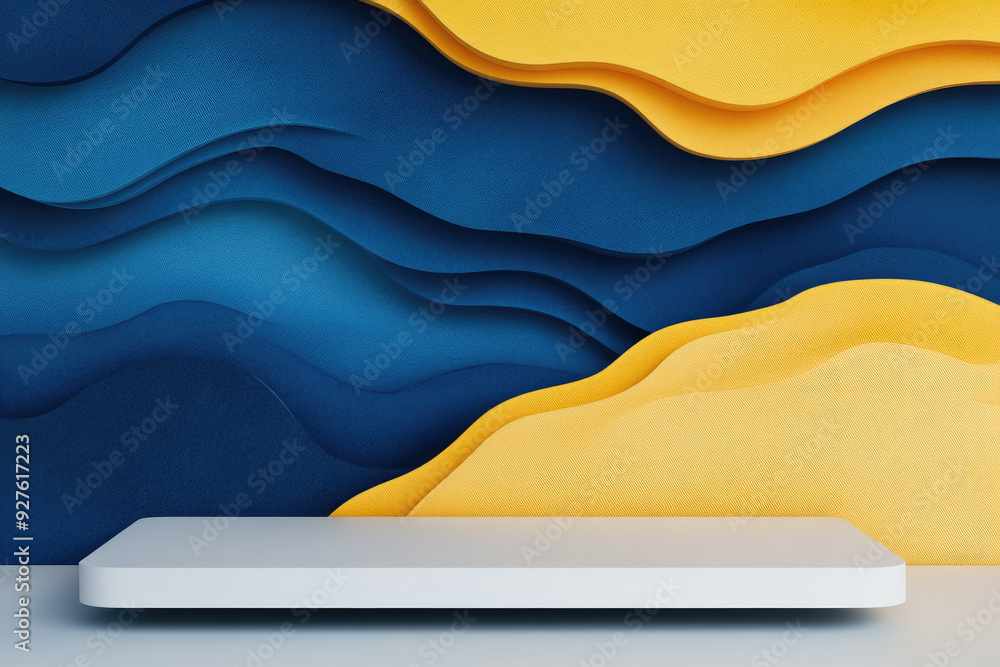 Poster modern abstract waves, textured blue and yellow layers create an artistic backdrop, complemented by 