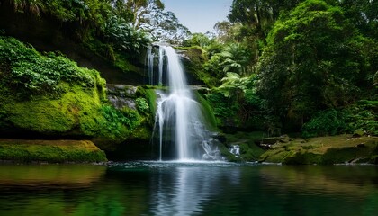 tranquil waterfall cascading into a serene pool, surrounded by lush green vegetation in a tropical rainforest setting, perfect for nature and relaxation themes