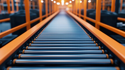 Obraz premium Close-up view of a modern conveyor belt in a warehouse, showcasing industrial design and efficient logistics process.