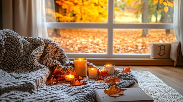 A cozy autumn composition of a living room with a window view of a leaf-covered yard, featuring a warm blanket draped over a couch, and a coffee table adorned with autumn leaves and candles