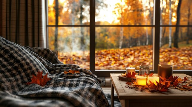 A cozy autumn composition of a living room with a window view of a leaf-covered yard, featuring a warm blanket draped over a couch, and a coffee table adorned with autumn leaves and candles