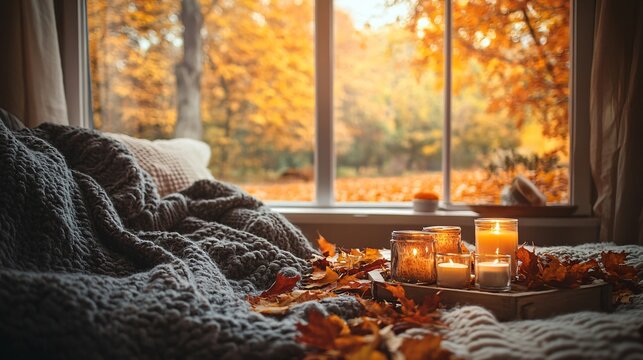 A cozy autumn composition of a living room with a window view of a leaf-covered yard, featuring a warm blanket draped over a couch, and a coffee table adorned with autumn leaves and candles