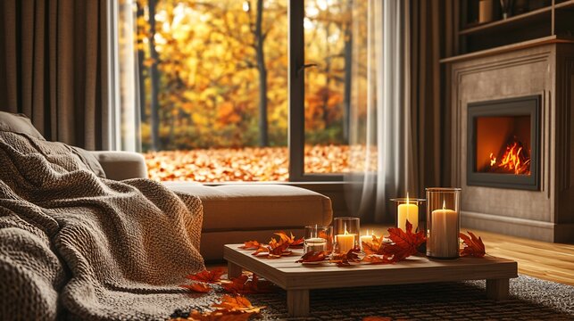 A cozy autumn composition of a living room with a window view of a leaf-covered yard, featuring a warm blanket draped over a couch, and a coffee table adorned with autumn leaves and candles