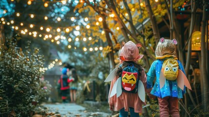 Fototapeta premium Little kids dressed as fairies and superheroes in a decorated yard.