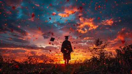 Fototapeta premium A silhouette of a graduate tossing their cap into the air, with the vibrant colors of a setting sun filling the sky, creating a dramatic and celebratory scene, high contrast, vivid style, hd quality.
