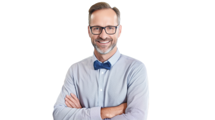 A portrait of mature male wearing glasses and bow tie on transparent background. 