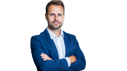 Portrait of attractive businessman in blue suit on transparent background.