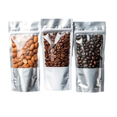 Assorted Pouches Containing Coffee Beans and Roasted Almonds.