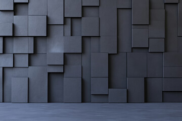 Modern abstract wall design featuring a geometric arrangement of dark gray panels, creating a textured and sophisticated ambiance for contemporary spaces.