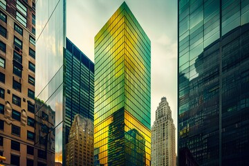 Fototapeta premium Close-up of a tall skyscraper in New York City, a glass building with yellow and green reflections, surround with buildings, cityscape background, evening light
