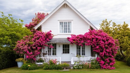 Fototapeta premium A picturesque white house adorned with a blooming pink vine, creating a vibrant and inviting scene.