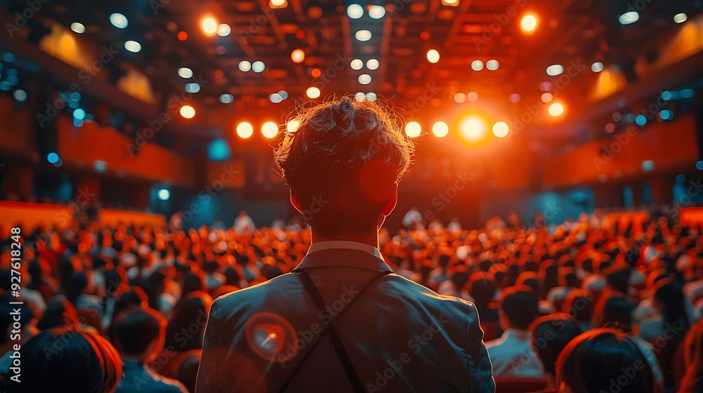 Sticker A speaker delivering a keynote address, captured in mid-sentence with an engaged and applauding audience in the background, stage lights creating a warm, celebratory atmosphere, cinematic style,