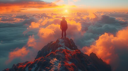 A solitary figure standing victoriously on a mountain top, surrounded by a sea of clouds below, with the sun casting long shadows and the horizon glowing with morning light,