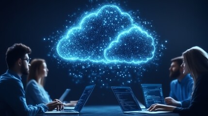 Team working on cloud computing technology with laptops, glowing cloud icon symbolizing data and network in modern office setting.