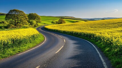 A picturesque winding road cutting through a lush green field dotted with yellow flowers, leading the eye into the distance under a clear blue sky.