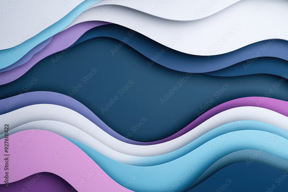 Poster layered waves of color, an abstract composition featuring soft overlapping curves in rich blue, purp