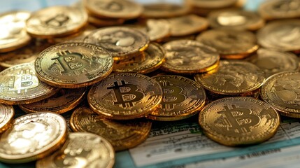 A pile of Bitcoin coins with financial charts in the background, representing the rise of digital currency.