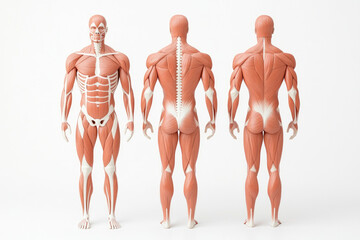 Anatomical model showcasing human muscular structure from three angles, detailed representation of muscles and skeletal features for educational purposes