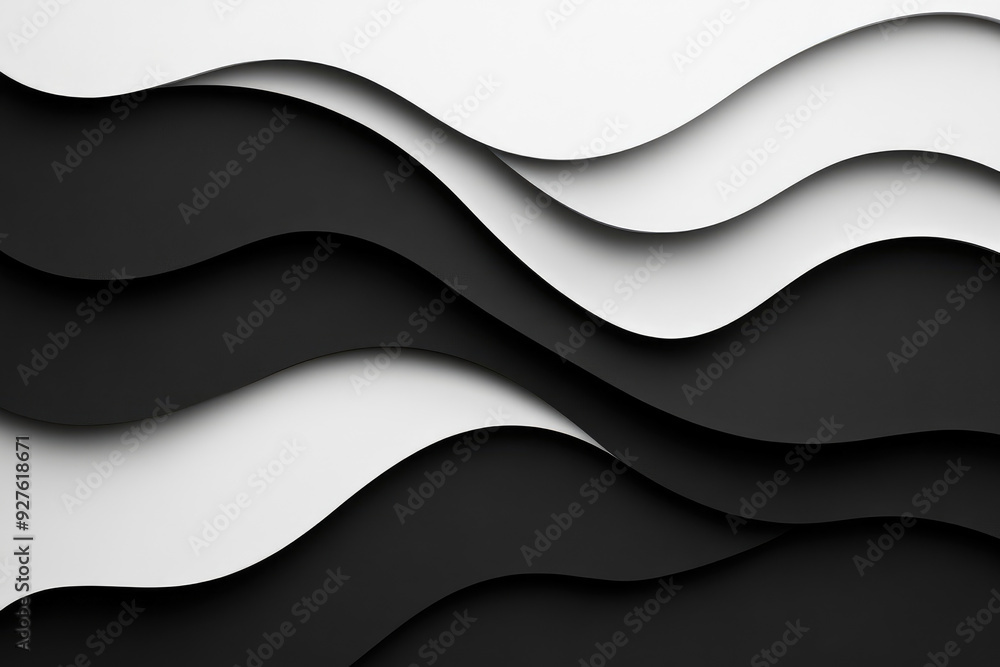 Poster sleek layers of contrast, an abstract composition showcasing flowing black and white waves, creating