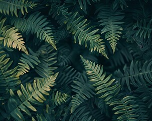 Fototapeta premium Fern leaves in a dark, abstract background, from a top view. Dark green fern textures. A forest vegetation pattern. The shadows of nature leaves. Greenery wallpaper