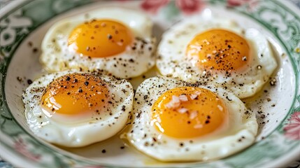 A plate of perfectly cooked eggs, sprinkled with pepper and salt, ready for a delicious breakfast.