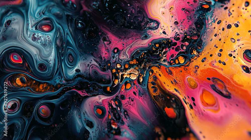 Poster abstract liquid art with vibrant colors and flowing patterns in dark and light tones