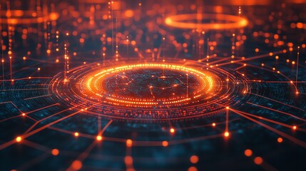 Abstract glowing technology network background with circular patterns and orange lights. Futuristic cyber energy concept.