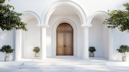 Fototapeta premium A pristine white building featuring a grand archway with a wooden door, creating an elegant and timeless entrance.
