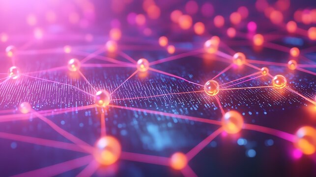 Futuristic digital network with glowing nodes and connections. Concept of technology, data transfer, and artificial intelligence.