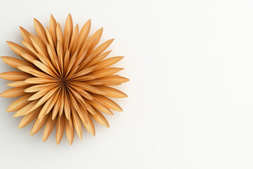 Intricately arranged wooden petals creating a vibrant floral design against a soft white background, embodying natural beauty and artistic craftsmanship.