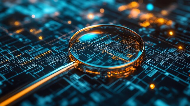 Digital magnifying glass highlighting data on a futuristic circuit board, representing cybersecurity and data analysis.