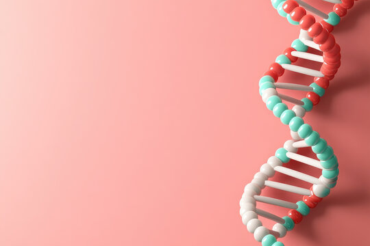 Stylized DNA Helix on Soft Coral Background, representing genetic structure and molecular biology, highlighting vibrant colors and modern design elements.