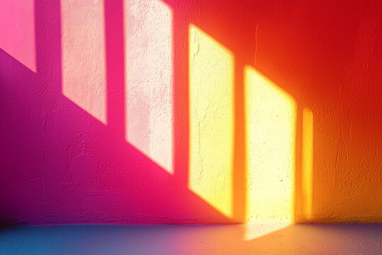 a minimalist wall with bold and vibrant neon gradient shadows of window panes in hot pink and yellow hues creating a striking abstract composition