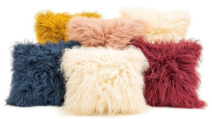 Five fluffy square throw pillows in different colors 